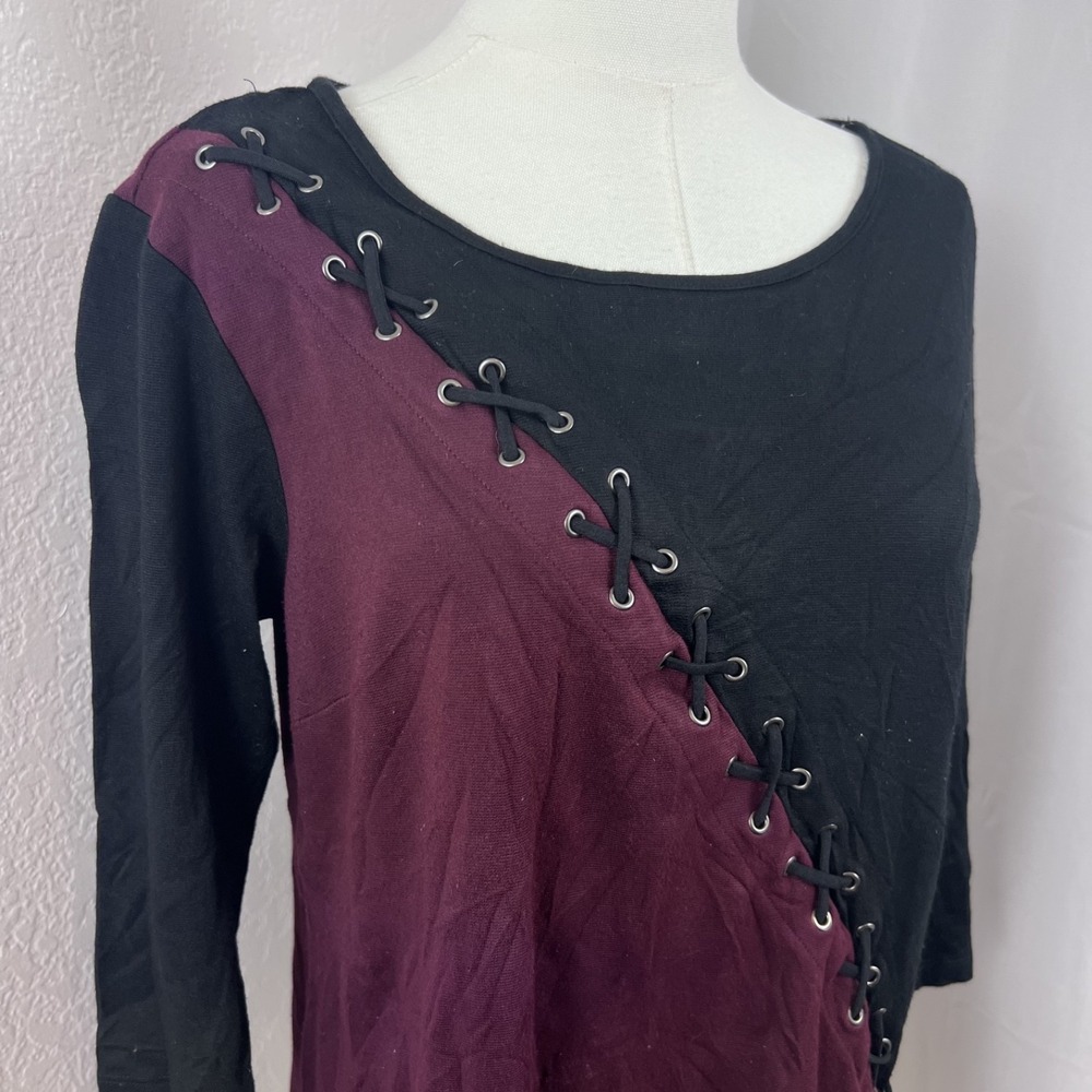 Y2K Lace Up Colorblock Top Womens Small 3/4 Sleeve Grommet Grunge Gothic Alt Emo